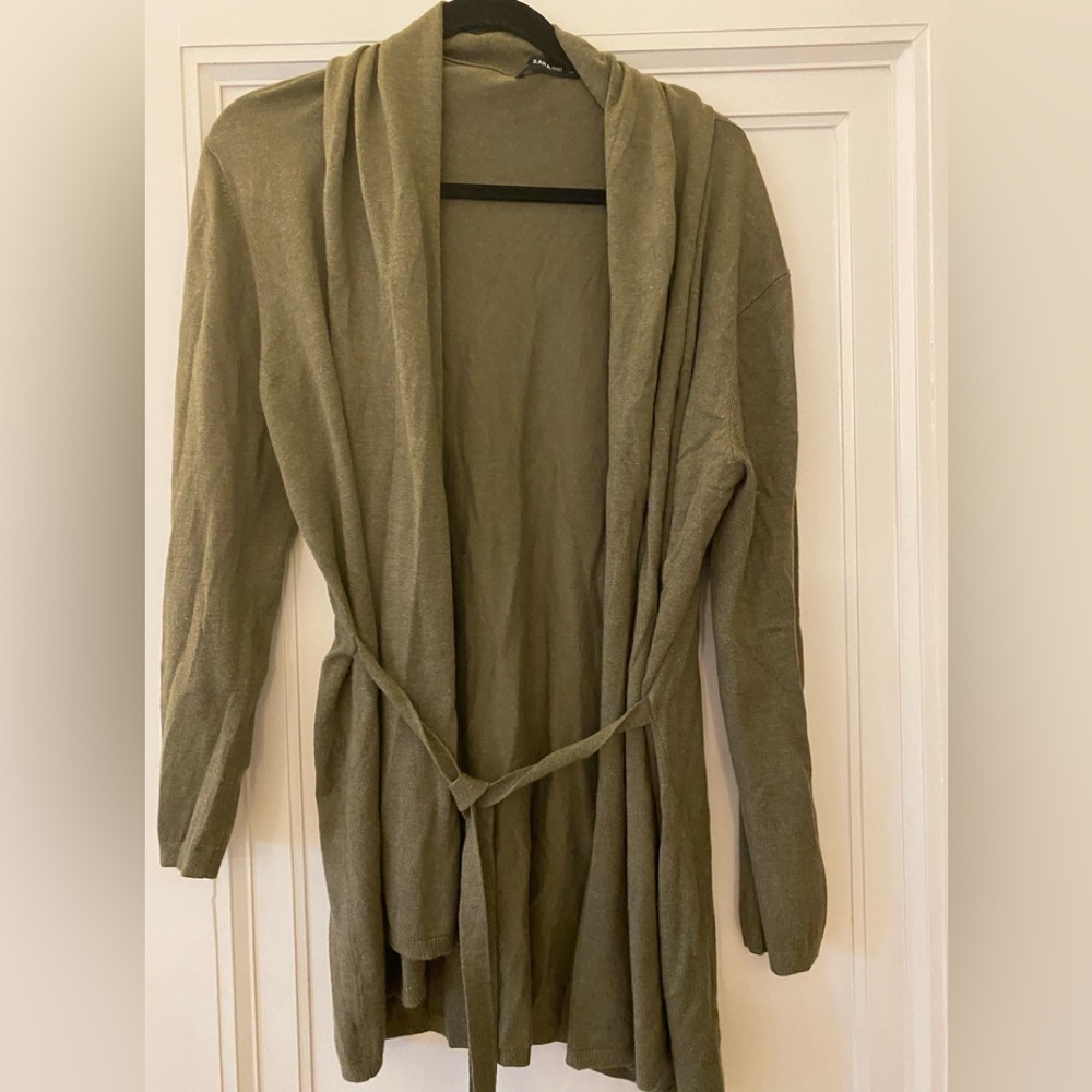 Zara brand olive green belted sweater jacket. Size large